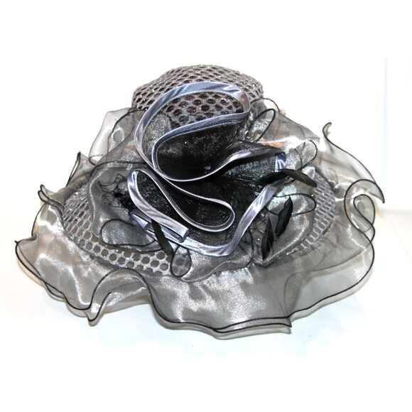 Womens Kentucky Derby Church Dress Hat Wide Brim Black Silver Tea Party Wedding main image 8